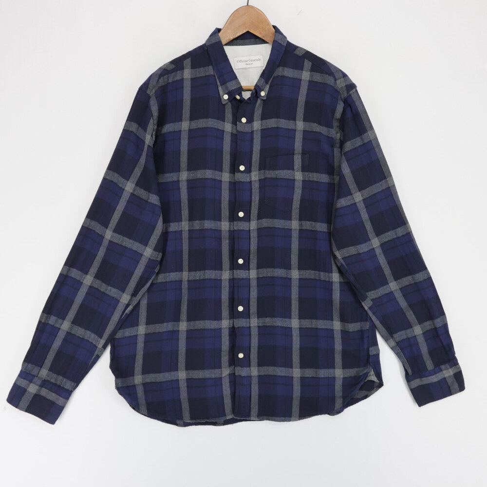 Officine Generale Arsene Shirt Mens XL Navy Blue Plaid Button Down Long Sleeve
